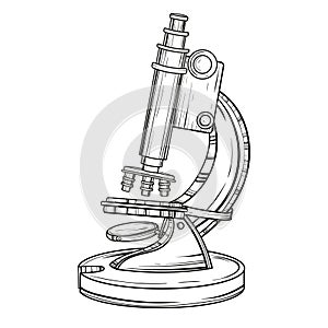 Vector old microscope. Vintage hand drawn illustration for science book cover, tattoo template, laboratory alchemy symbol isolate