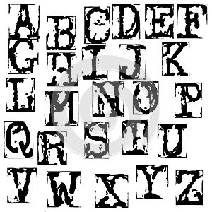 Vector old typewriter font. Vintage grunge letters. Old destroyed printed letters.