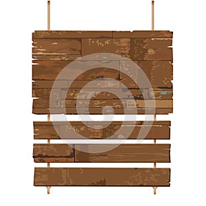 Vector old weathered wooden sign hanging on a rope isolated back