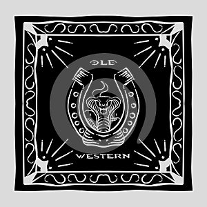 vector of old western snake and horse shoes bandana with vintage pattern