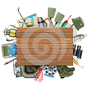 Vector Old Wooden Board with Fishing Tackle