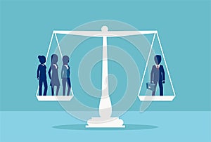 Vector of one businessman balancing three businesswomen on a scale. Sex inequality symbol