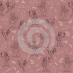 Vector onion pink anthromorphic cartoon characters in action seamless pattern background