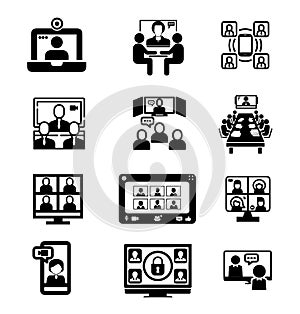 Vector online business communication video conference meeting icons set