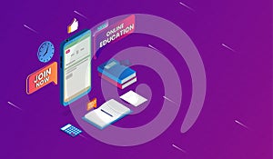 Vector Online Education with smartphone Concept, e-learning, online training course, Isometric design