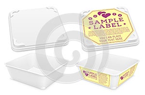 Vector open empty square plastic container with motionless locking system. Packaging mockup illustration