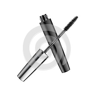 Vector Opened Black Realistic Mascara in Dark Metallic Shiny Tube Isolated on Background