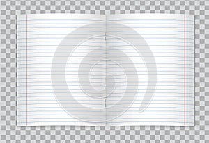 Vector opened realistic lined elementary school copybook with red margins on transparent background.