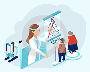 Vector of an ophthalmologist doctor testing eyesight of senior patients with vision problems