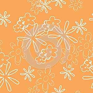 Vector orange background white outlines daisy chamomile flowers pattern, seamless pattern background.