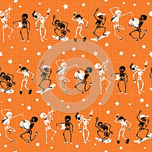 Vector orange, black dancing and skateboarding skeletons Haloween mesh fabric repeat pattern background. Great for