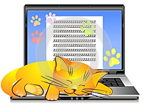 vector Orange cat asleep on laptop keyboard