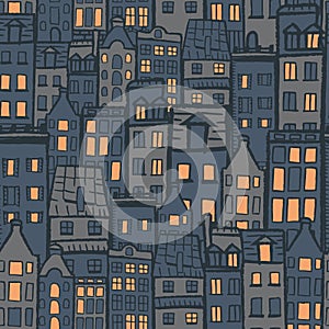 Vector orange grey blue city dark seamless pattern