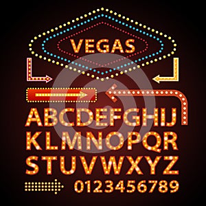 Vector orange neon lamp letters font show vegas light sign theather