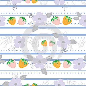 Vector orange pink cute strawberries with lavender grey modern field flowers elements on stripes seamless pattern background