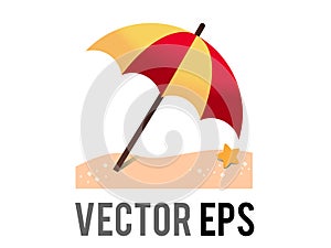 Vector orange, red striped opened beach umbrella on ground icon