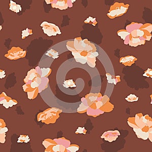 Vector Orange Rose Blooms with Spots seamless pattern background.