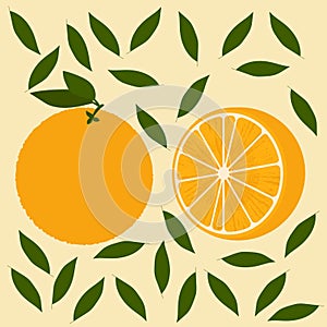 vector orange whole and cut with leaves on a colored light background