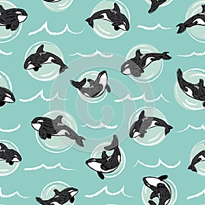 Vector Orcas in bubbles hand drawn scribble texture in sea foam green.