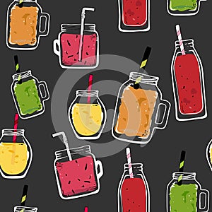 Vector organic fruits seamless pattern cocktail. glass bottle jar,isolated. delicious vegan drinks, tasty juices , smoothies made