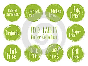 Vector organic labels, natural ingredients emblems, sugar free icon for natural products packaging.