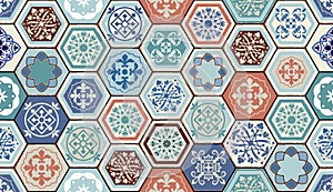 Vector Oriental seamless pattern. Realistic Vintage Moroccan, Portuguese hexagonal tiles.