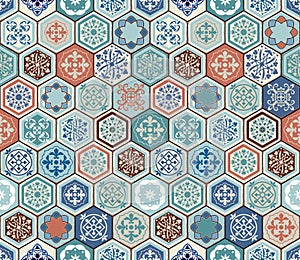 Vector Oriental seamless pattern. Realistic Vintage Moroccan, Portuguese hexagonal tiles.