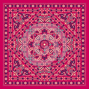 Vector ornament Bandana Print. Traditional ornamental ethnic pattern with paisley and flowers. Silk neck scarf or