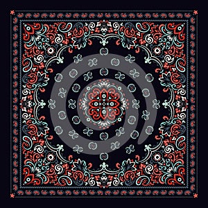 Vector ornament Bandana Print. Traditional ornamental ethnic pattern with paisley and flowers. Silk neck scarf or