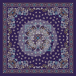 Vector ornament Bandana Print. Traditional ornamental ethnic pattern with paisley and flowers. Silk neck scarf or