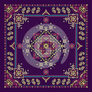 Vector ornament Bandana Print. Traditional ornamental ethnic pattern with paisley and flowers. Silk neck scarf or kerchief square