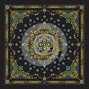 Vector ornament Bandana Print. Traditional ornamental ethnic pattern with paisley and flowers. Silk neck scarf or kerchief square