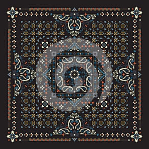 Vector ornament Bandana Print. Traditional ornamental ethnic pattern with paisley and flowers. Silk neck scarf or kerchief square