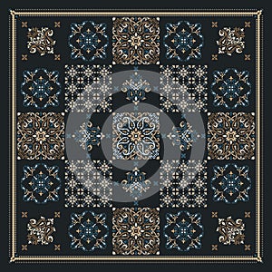 Vector ornament Bandana Print. Traditional ornamental ethnic pattern with paisley and flowers. Silk neck scarf or kerchief square