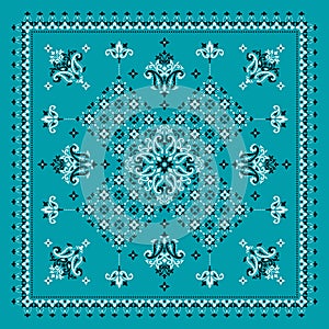 Vector ornament Bandana Print. Traditional ornamental ethnic pattern with paisley and flowers. Silk neck scarf or kerchief square