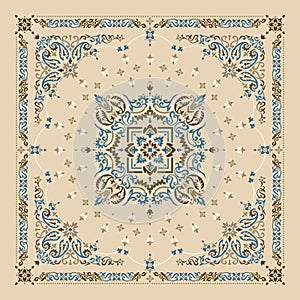 Vector ornament Bandana Print. Traditional ornamental ethnic pattern with paisley and flowers. Silk neck scarf or kerchief square