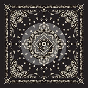 Vector ornament Bandana Print. Traditional ornamental ethnic pattern with paisley and flowers. Silk neck scarf or kerchief square