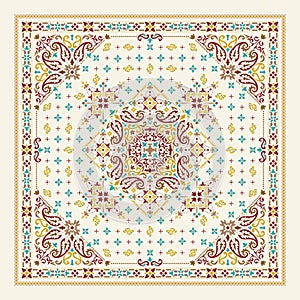 Vector ornament Bandana Print. Traditional ornamental ethnic pattern with paisley and flowers. Silk neck scarf or kerchief square