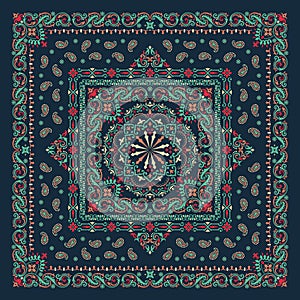 Vector ornament paisley Bandana Print. Silk neck scarf or kerchief square pattern design style, best motive for print on