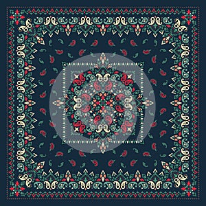 Vector ornament paisley Bandana Print. Silk neck scarf or kerchief square pattern design style, best motive for print on