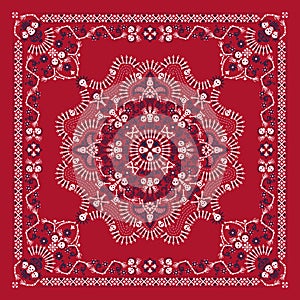 Vector ornament paisley, skulls and bones Bandana Print, fabric neck scarf or kerchief square pattern Pirate design