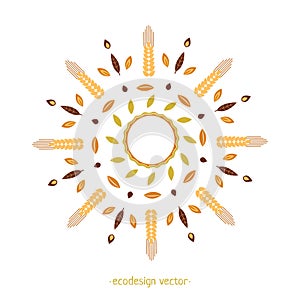 Vector ornament from Wheat Ears leaves and seed. Eco design round pattern.