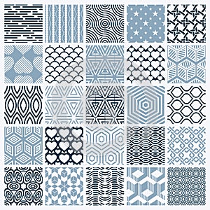 Vector ornamental black and white seamless backdrops set, geometric patterns collection. Ornate textures made in modern simple st