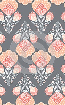 Vector ornamental floral pattern in delicate colors on gray background. Hand drawn rustic decorative seamless texture with bloom