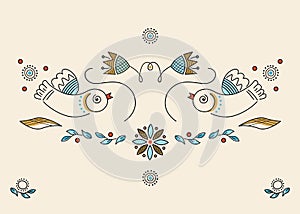 Vector ornamental illustration, color drawings of birds, flowers, line art. Embroidery, in folkstyle