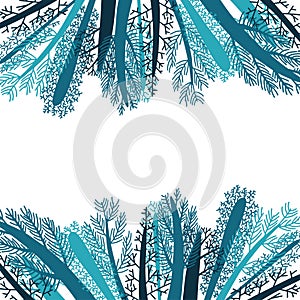 Vector ornamental isolated floral frame border of blue winter trees on white