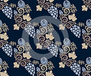 Vector ornamental vine grapes decorative background. Ethnic seamless pattern ornament. Vector pattern