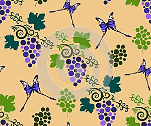 Vector ornamental vine grapes decorative background. Ethnic seamless pattern ornament. Vector pattern