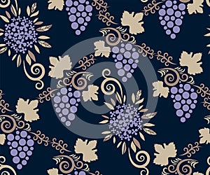 Vector ornamental vine grapes decorative background. Ethnic seamless pattern ornament. Vector pattern