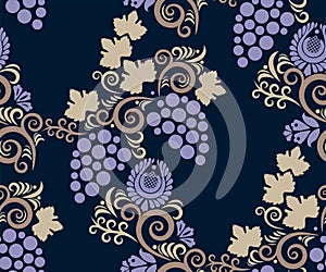 Vector ornamental vine grapes decorative background. Ethnic seamless pattern ornament. Vector pattern